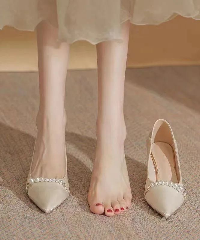 Art Pointed Toe Chunky High Heels Beige Pearl Heels LC0172