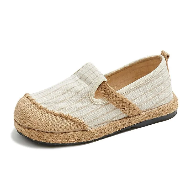 Beige Striped Cotton Linen Flat  Flat Shoes For Women