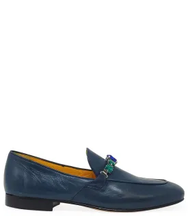 Blue Leather Flat Jeweled Loafer