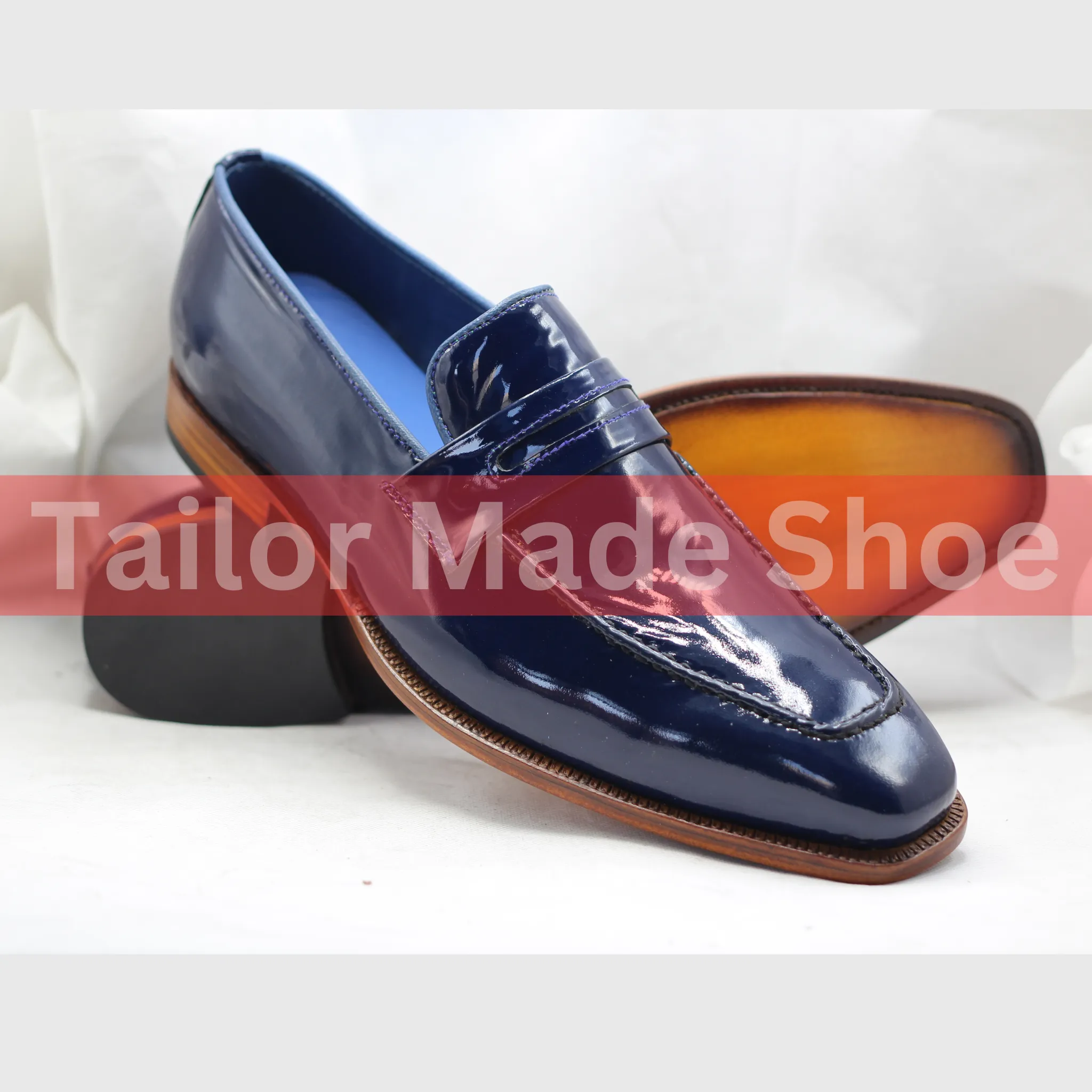 Blue Patent Leather Loafers with Premium Craftsmanship– Tailored to Your Taste Artisan-C Impeccable Style Premium Leather Loafers Shoes, Whole Cut Shoes, for Mens