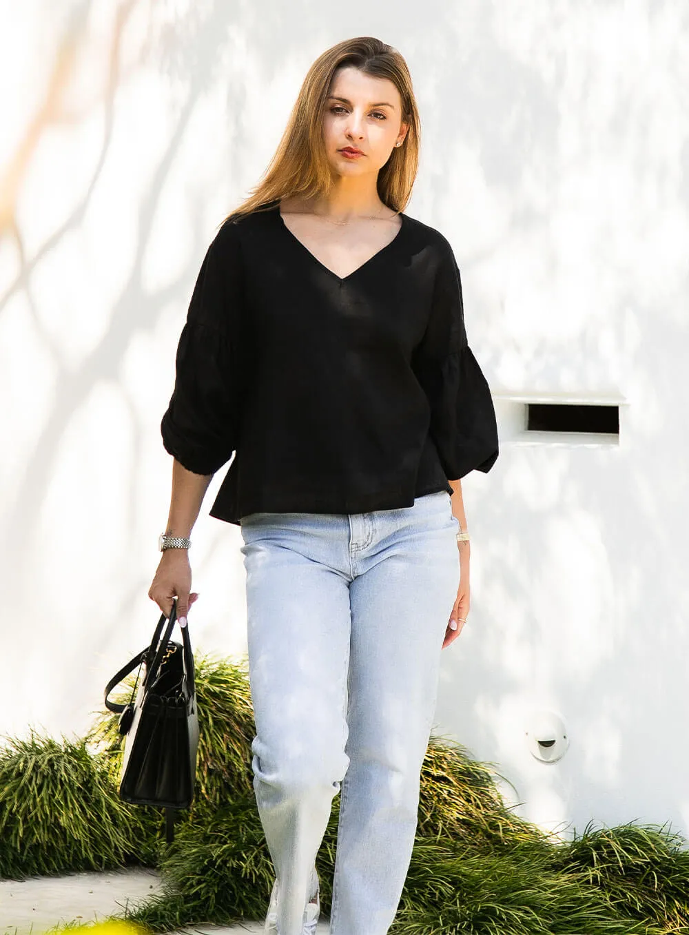 Celeste Linen Top-Black