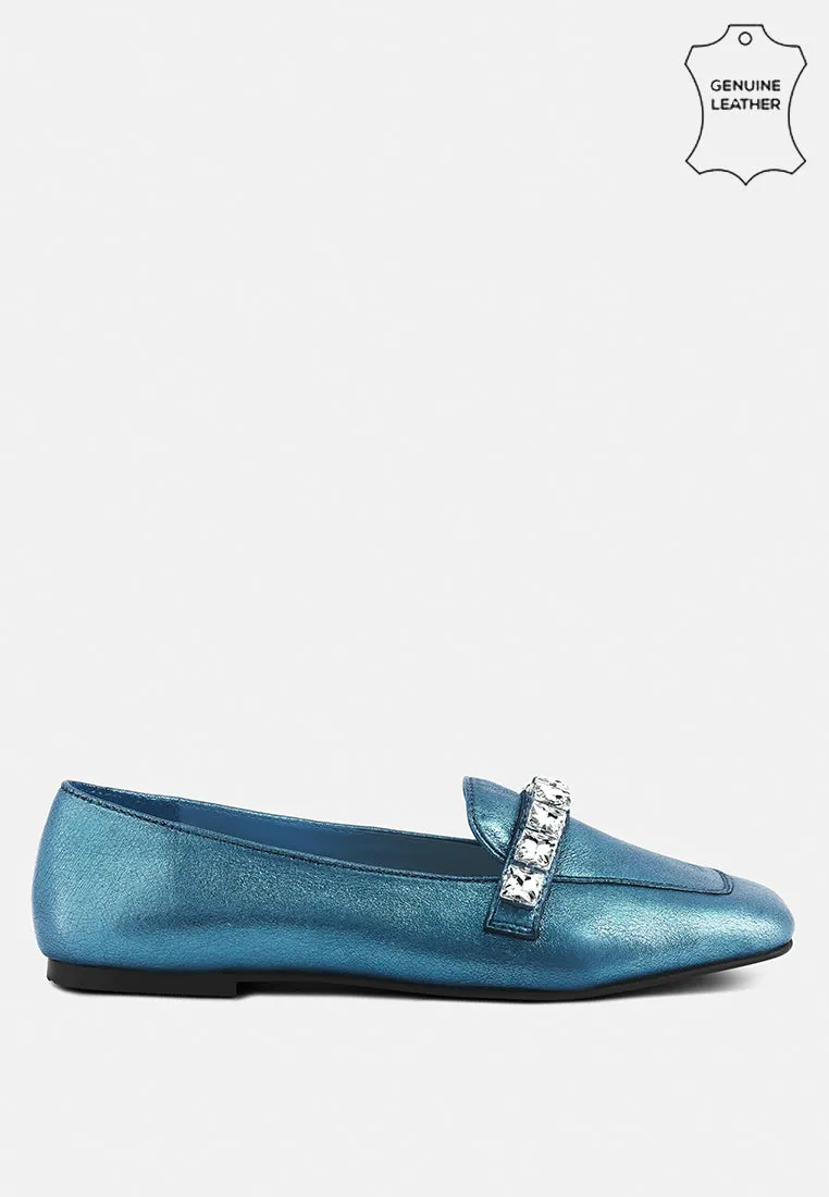 Churros Green Metallic Diamante Leather Loafers