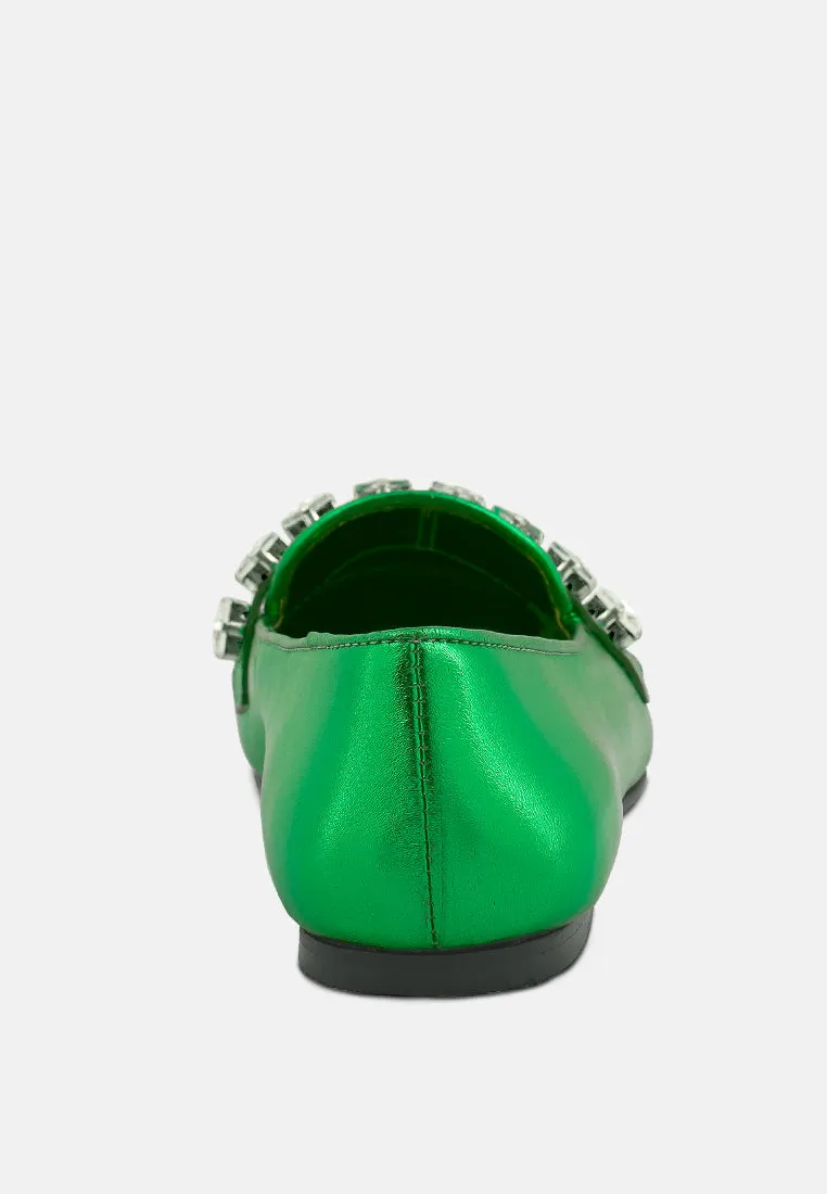 Churros Green Metallic Diamante Leather Loafers