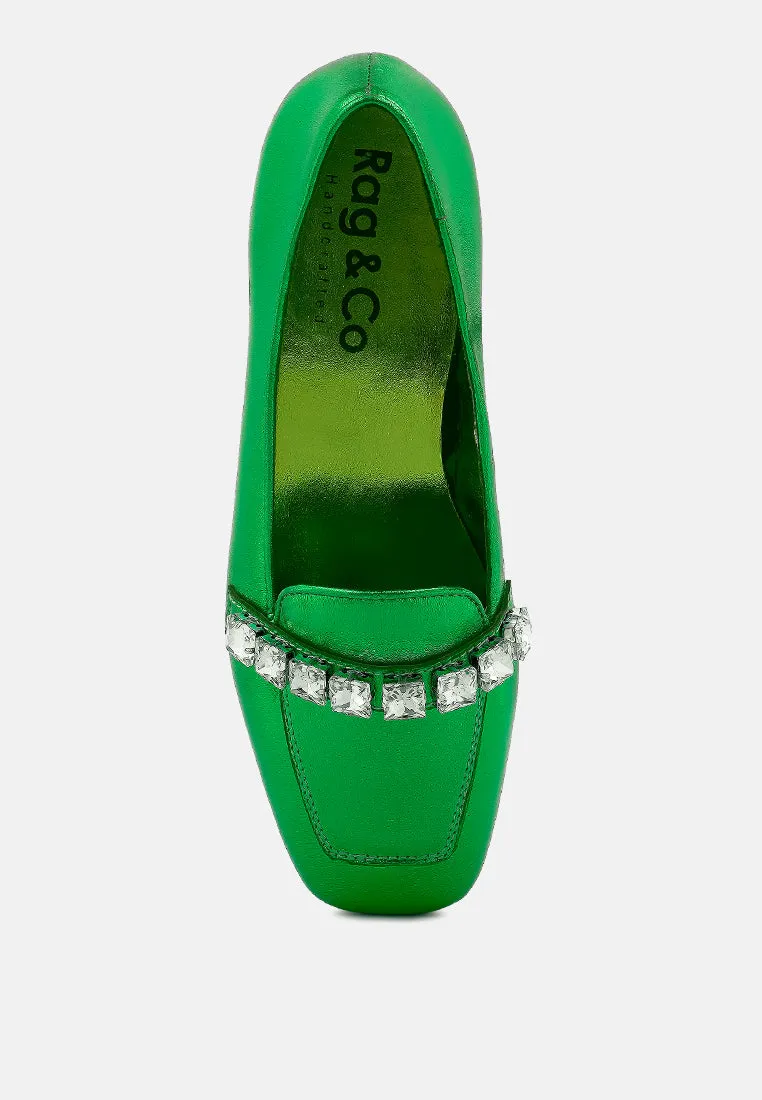 Churros Green Metallic Diamante Leather Loafers