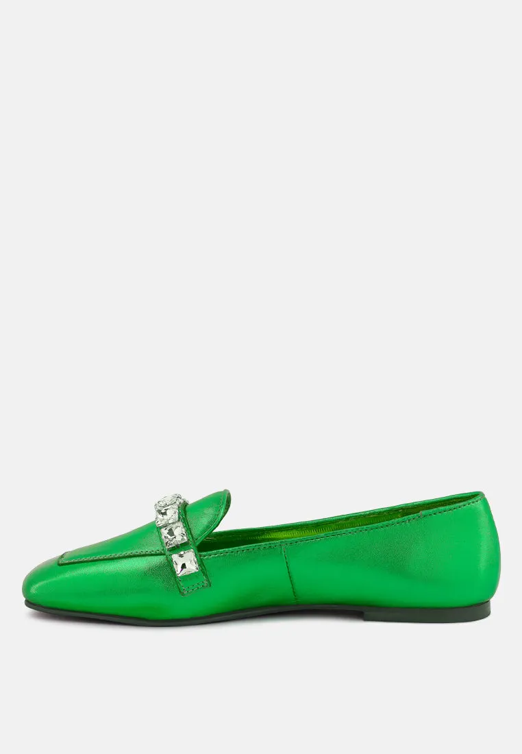 Churros Green Metallic Diamante Leather Loafers