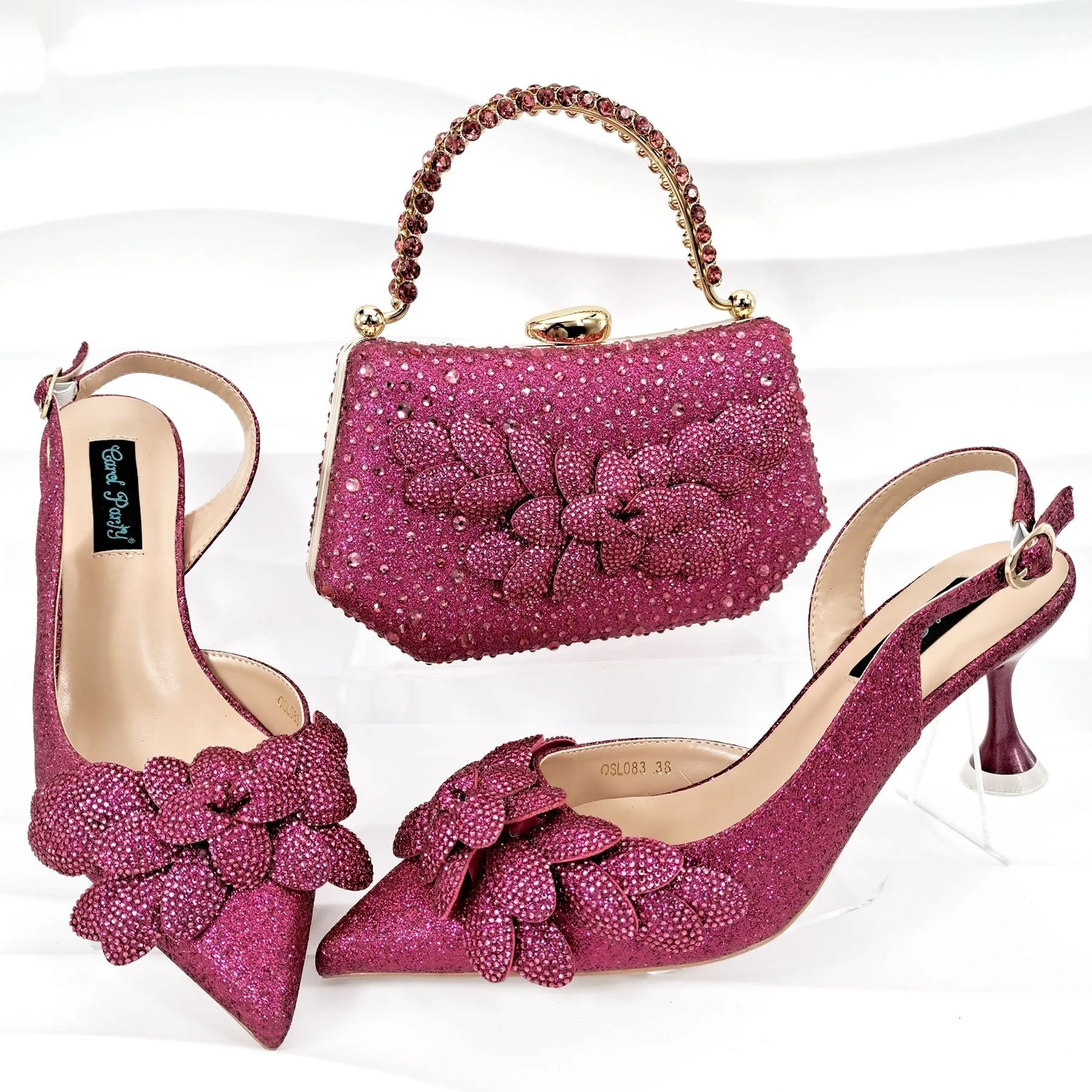 Cross-border Ladies Party Shoes Bag Set Handmade Leaf Decorative Wine Glass Heel