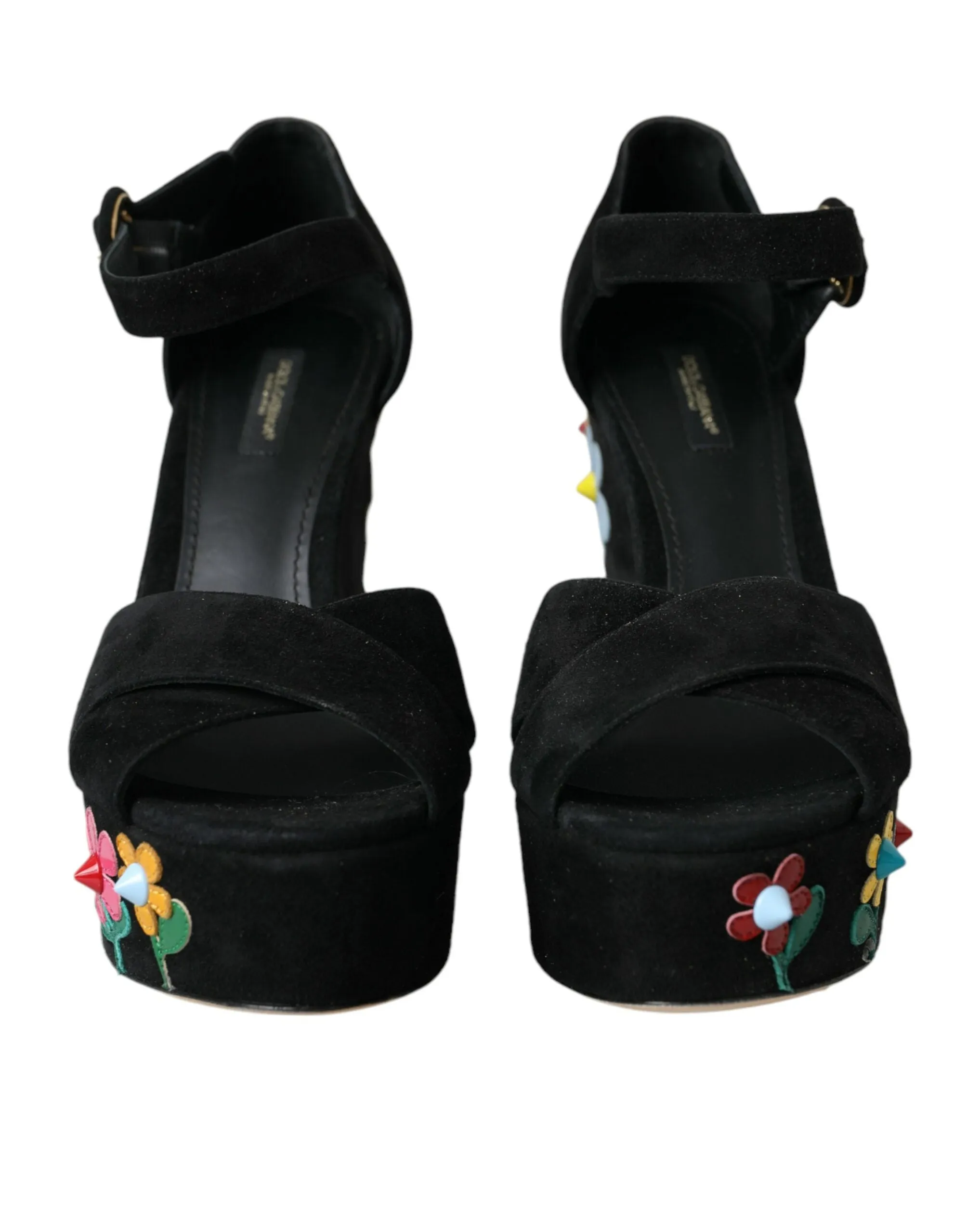 Dolce & Gabbana Black Floral Ankle Strap Heels Sandals Shoes