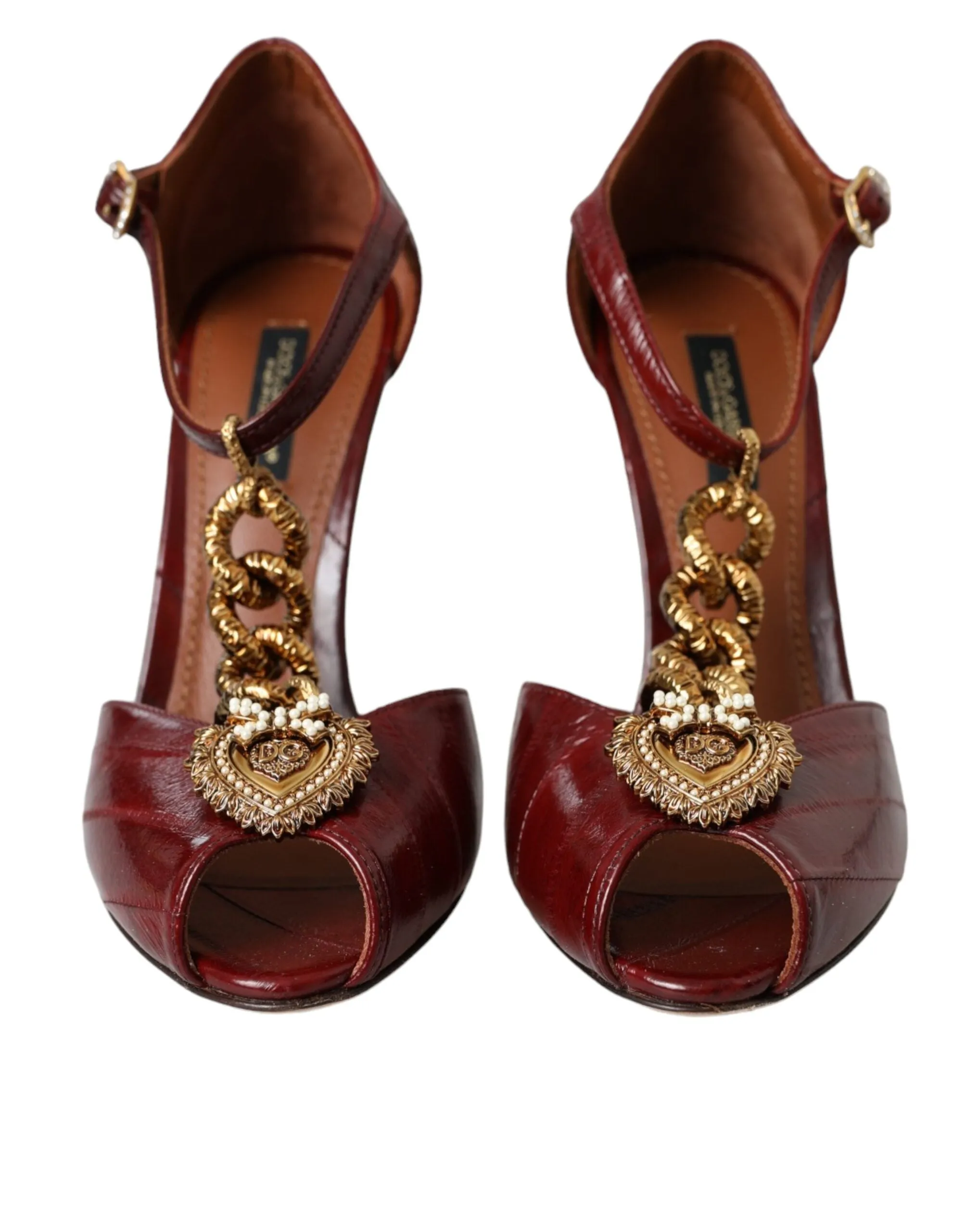 Dolce & Gabbana Dark Red Leather Gold Devotion Heart Sandals Shoes