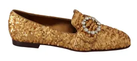 Dolce & Gabbana Gold Sequin Crystal Flat Women Loafers Shoes