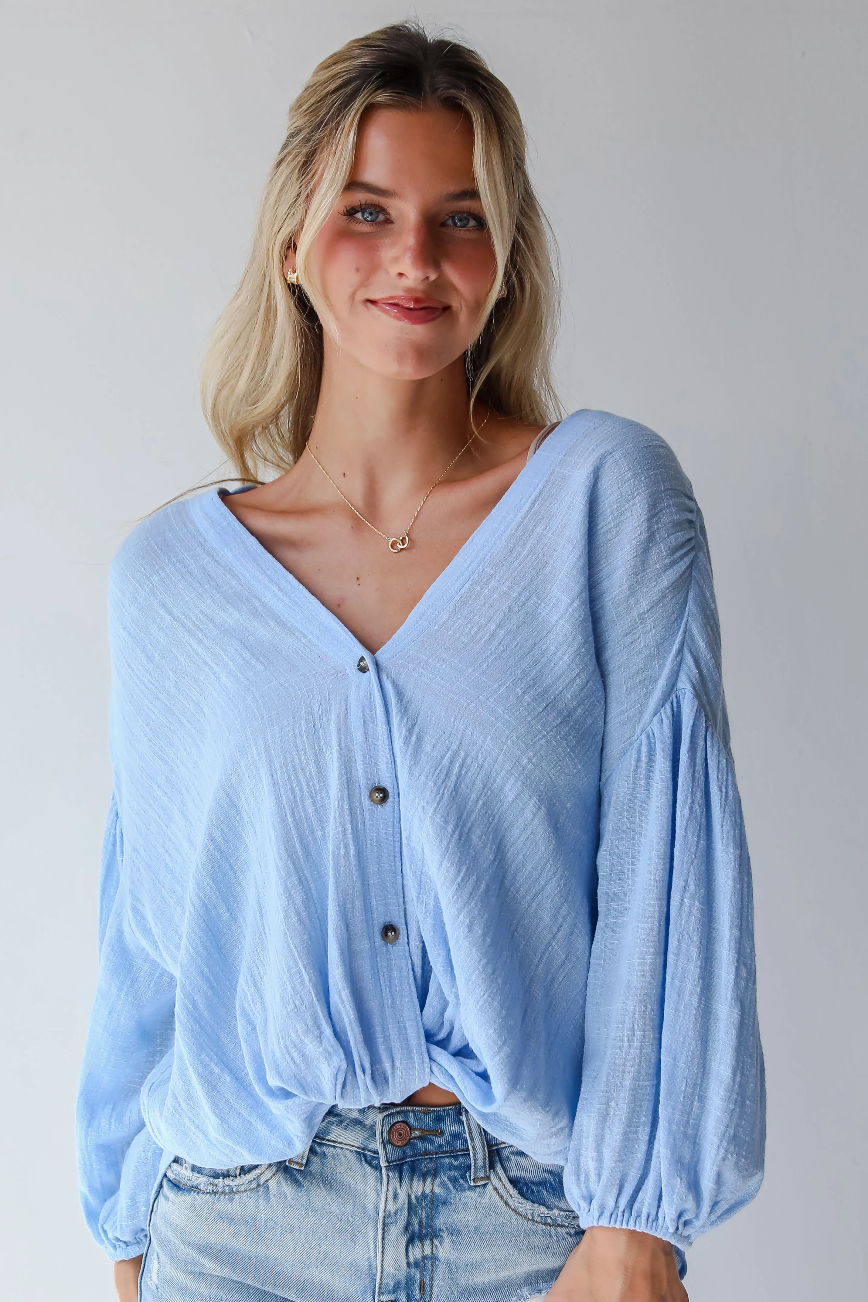 FINAL SALE - Sleek Dedication Light Blue Linen Blouse