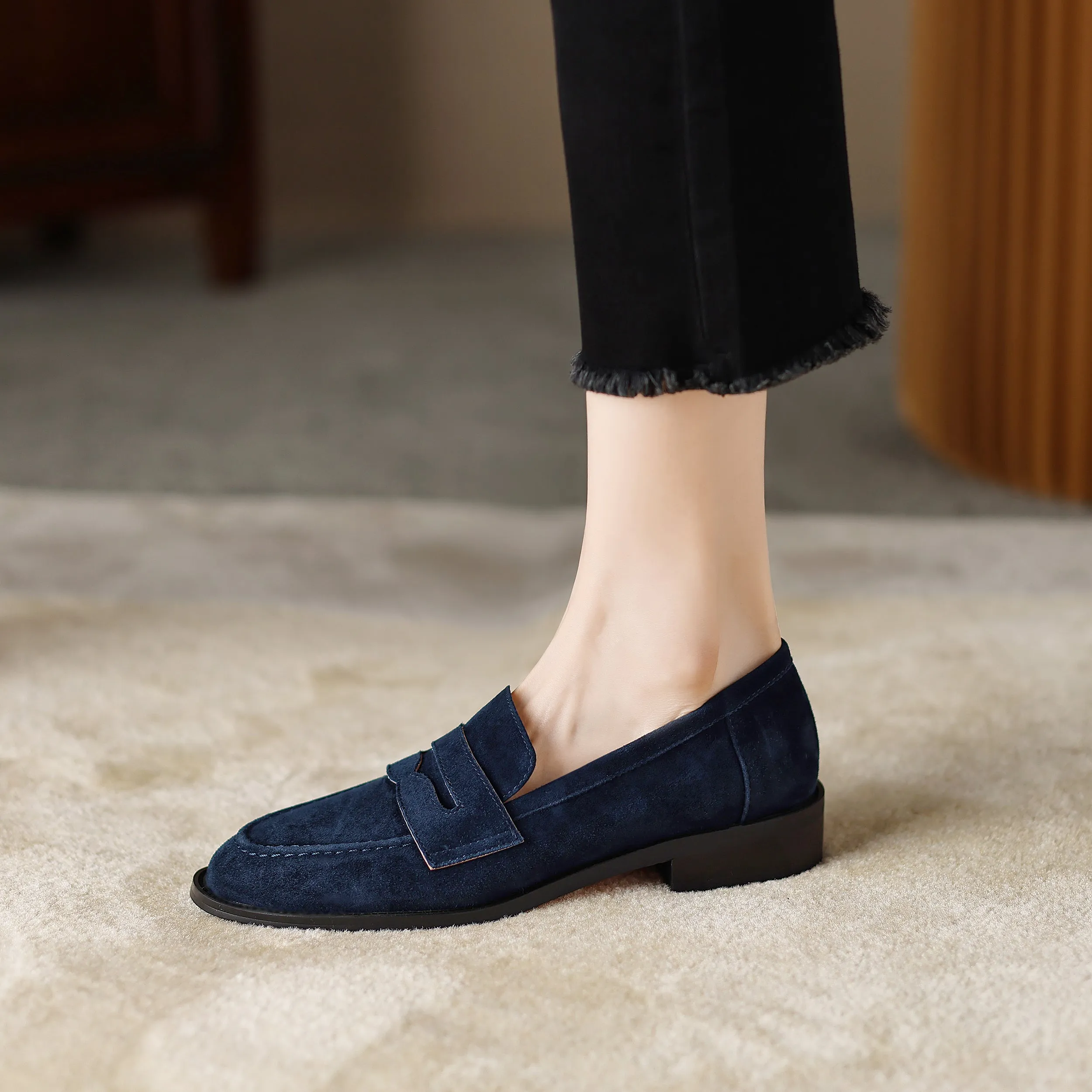 Handmade Classic Navy Suede Leather Loafers Women's Shoes