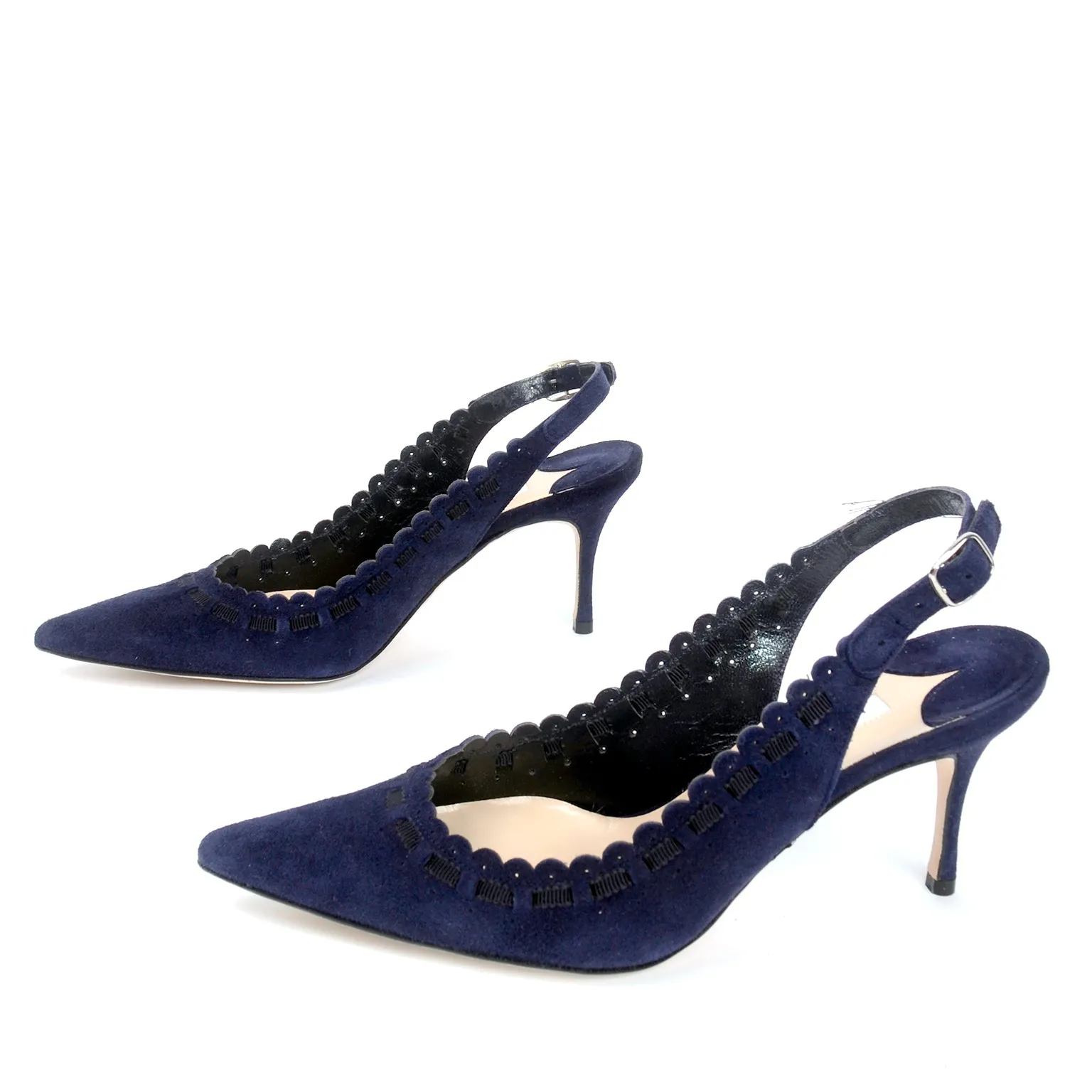 Manolo Blahnik Blue Suede Scalloped Slingback Shoes