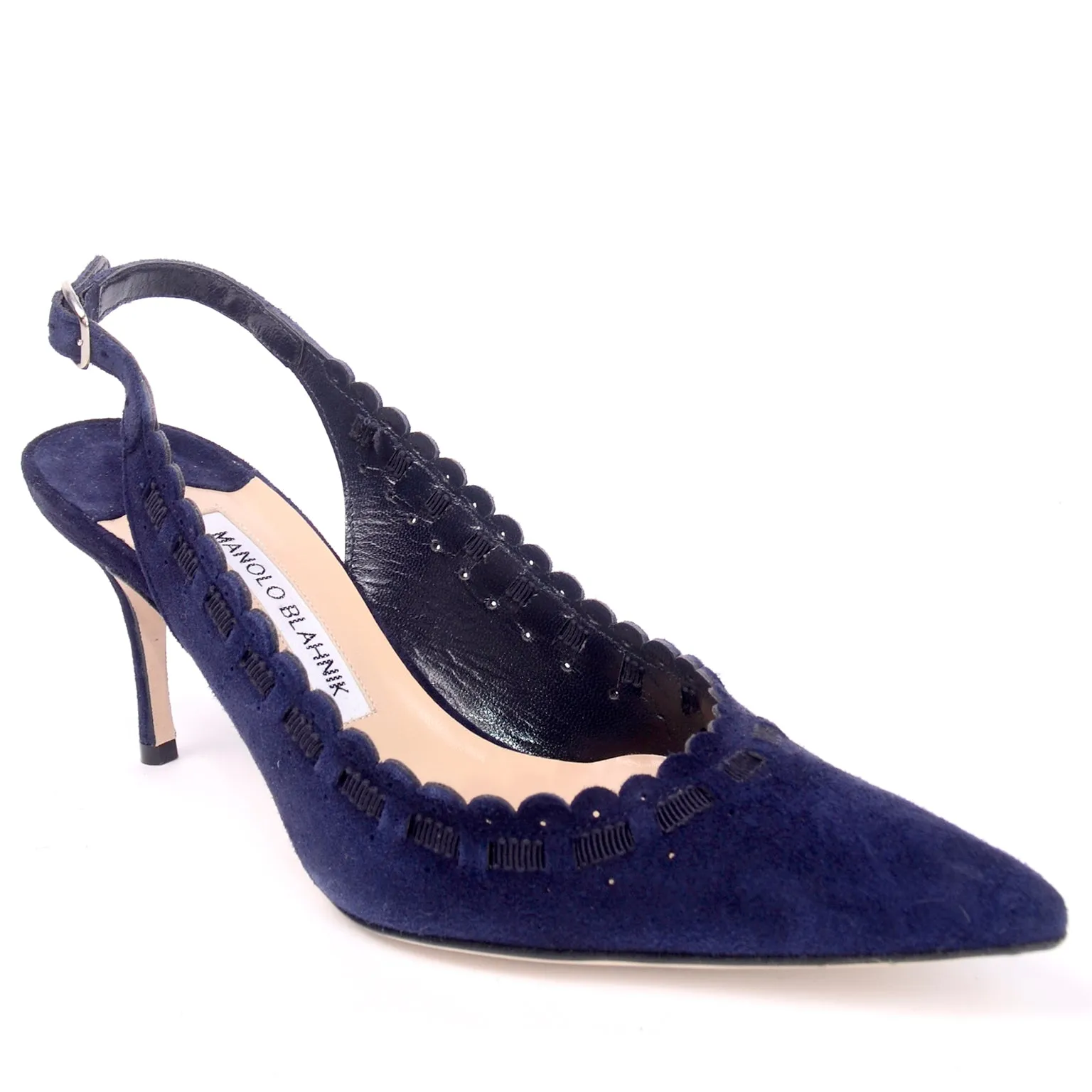 Manolo Blahnik Blue Suede Scalloped Slingback Shoes