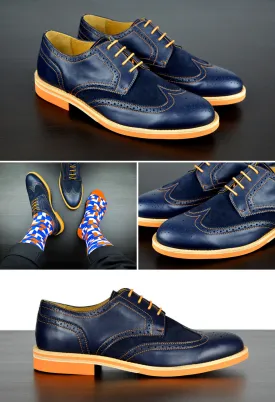 Mens Navy & Orange Leather Wingtip Dress Shoes - Size 12