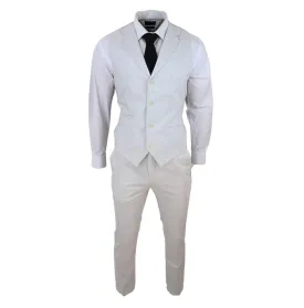 Mens Summer Suit Waistcoat Trousers Linen Smart Formal Light Grey Wedding