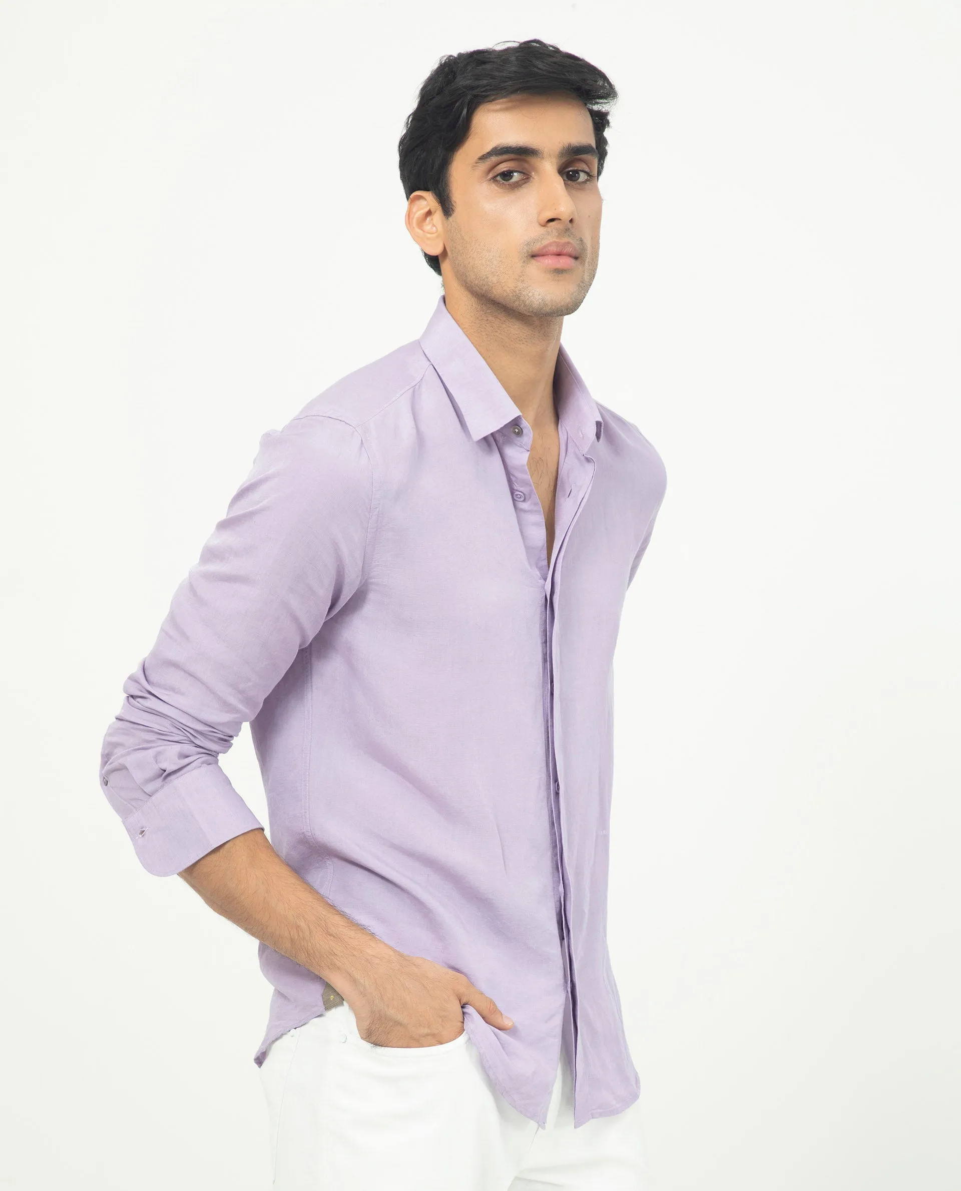 Rare Rabbit Men's Throner Pastel Purple Full Sleeves Solid Linen Blend Shirt