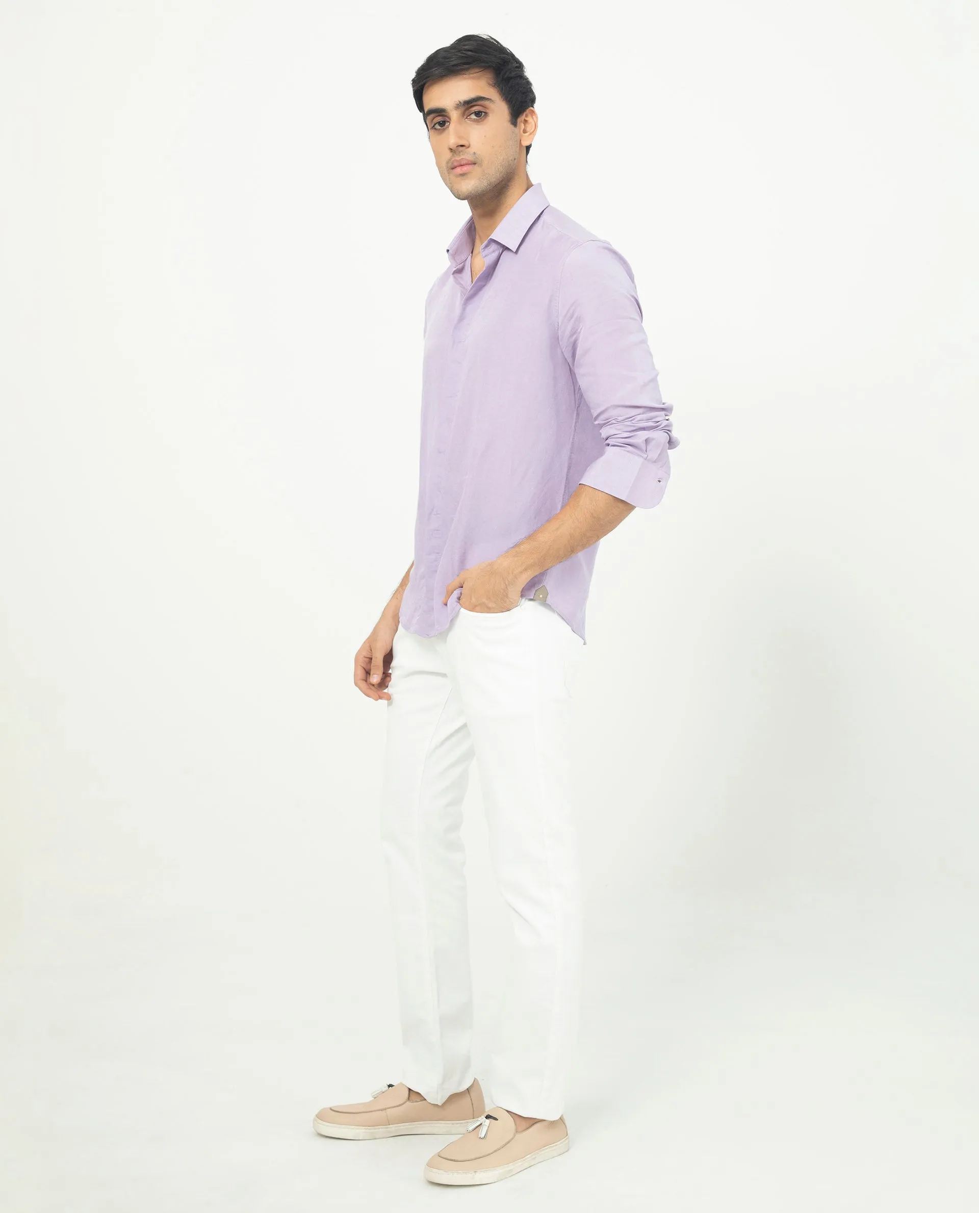 Rare Rabbit Men's Throner Pastel Purple Full Sleeves Solid Linen Blend Shirt