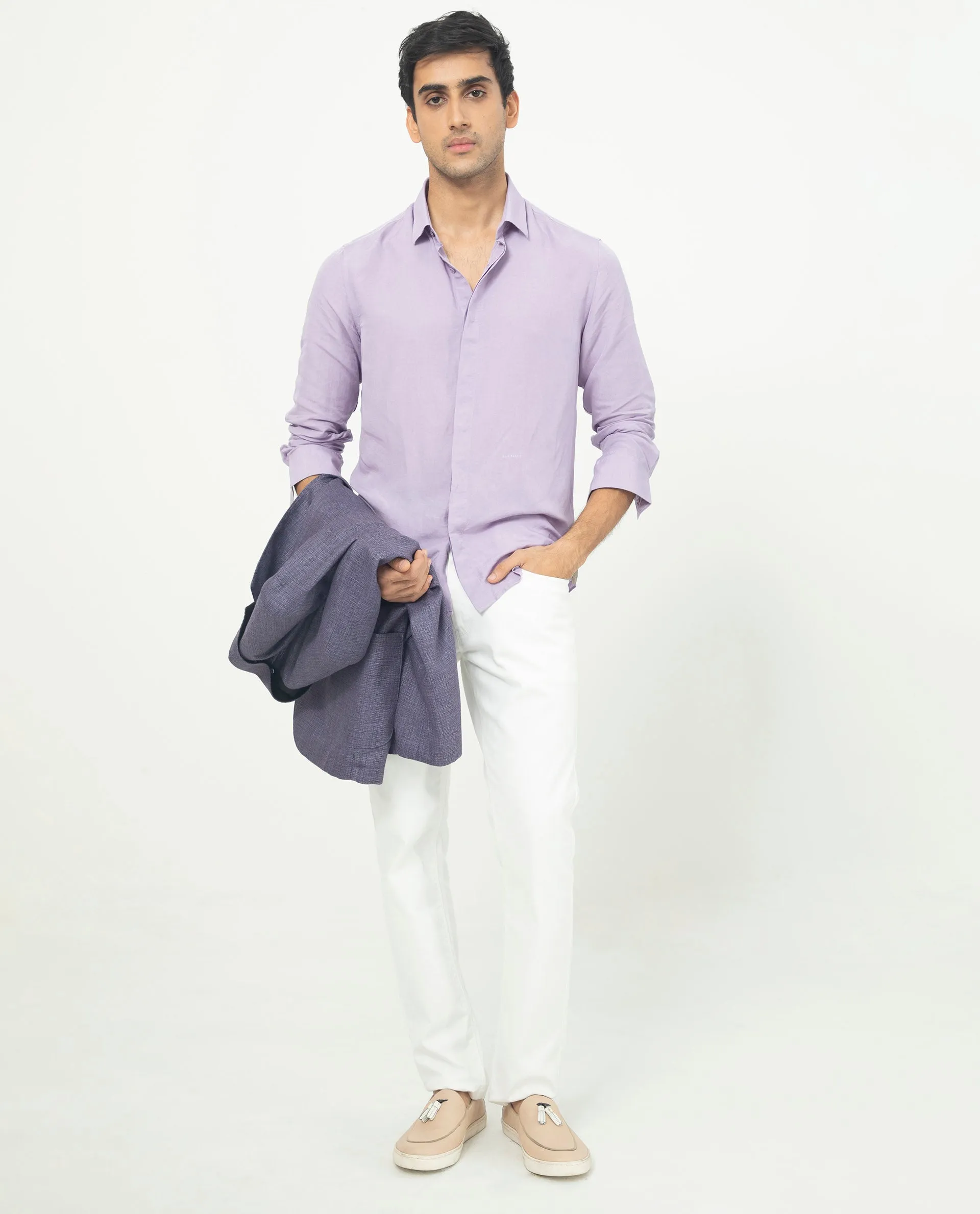 Rare Rabbit Men's Throner Pastel Purple Full Sleeves Solid Linen Blend Shirt