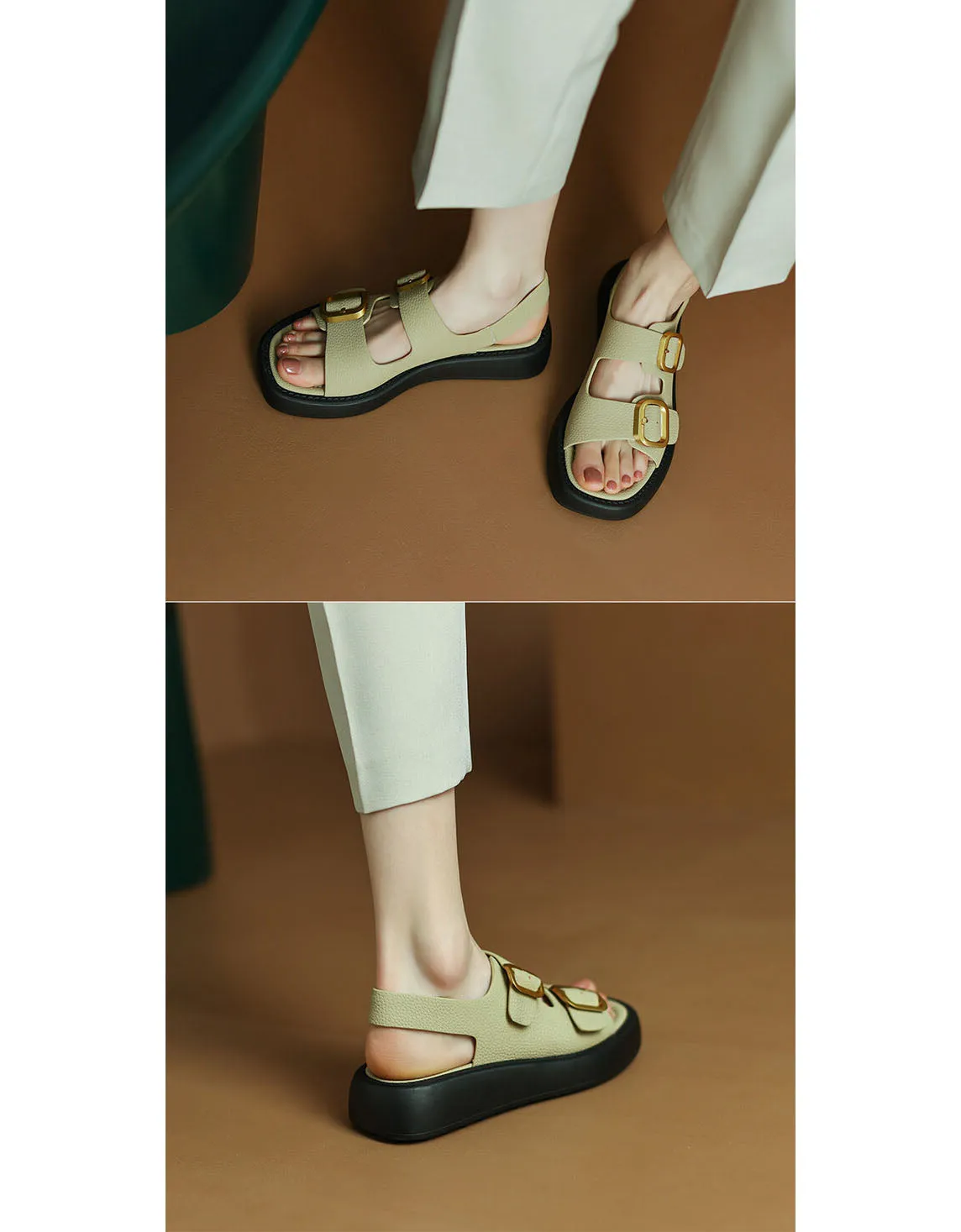 Square Toe Double Buckles Strap Platform Sandals