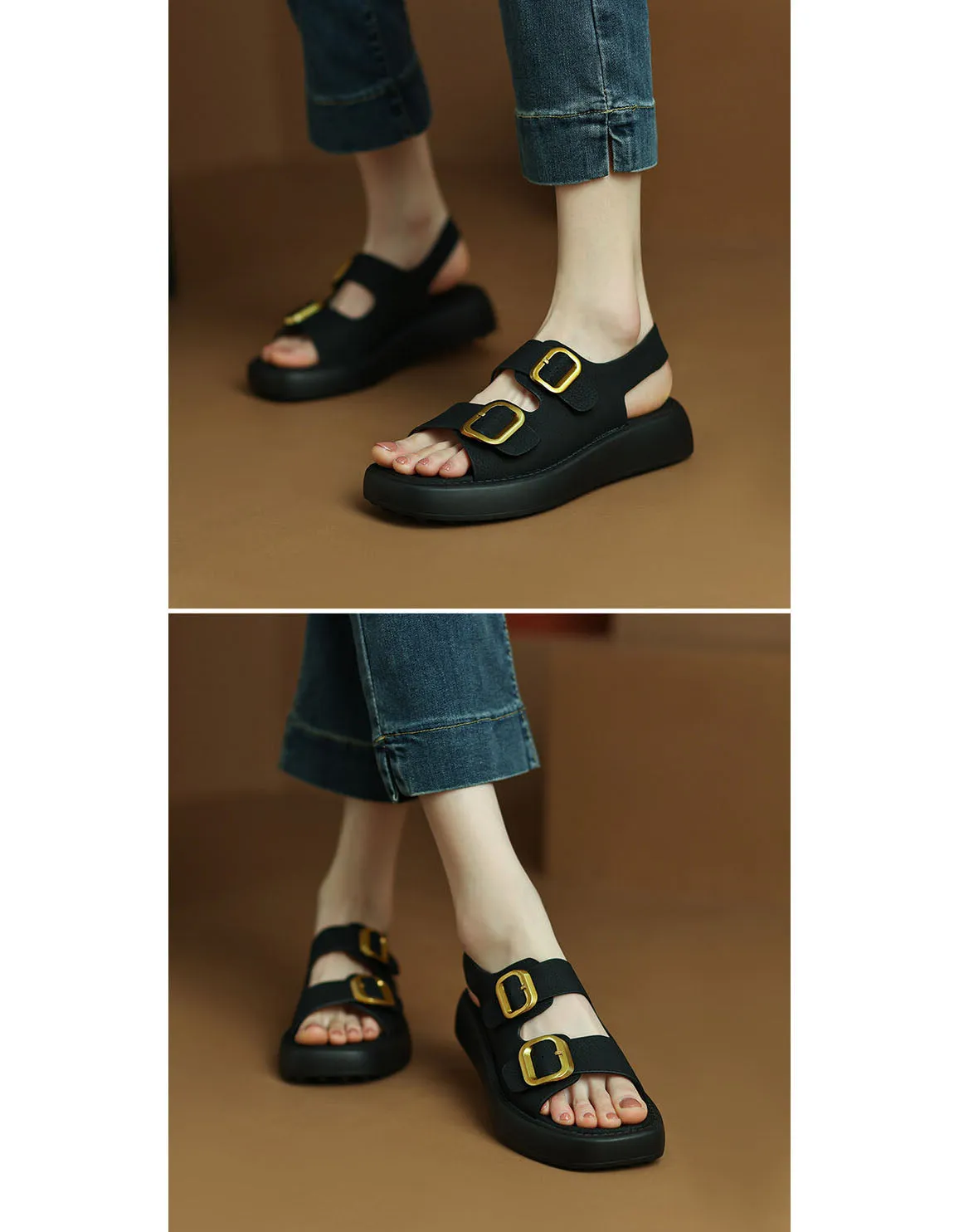 Square Toe Double Buckles Strap Platform Sandals