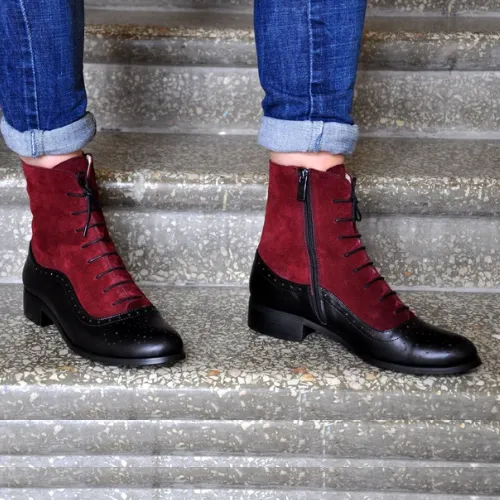 Tailor Made Bespoke Genuine Black Leather & Red Suede Brogue Laceup Womens Custom Boots