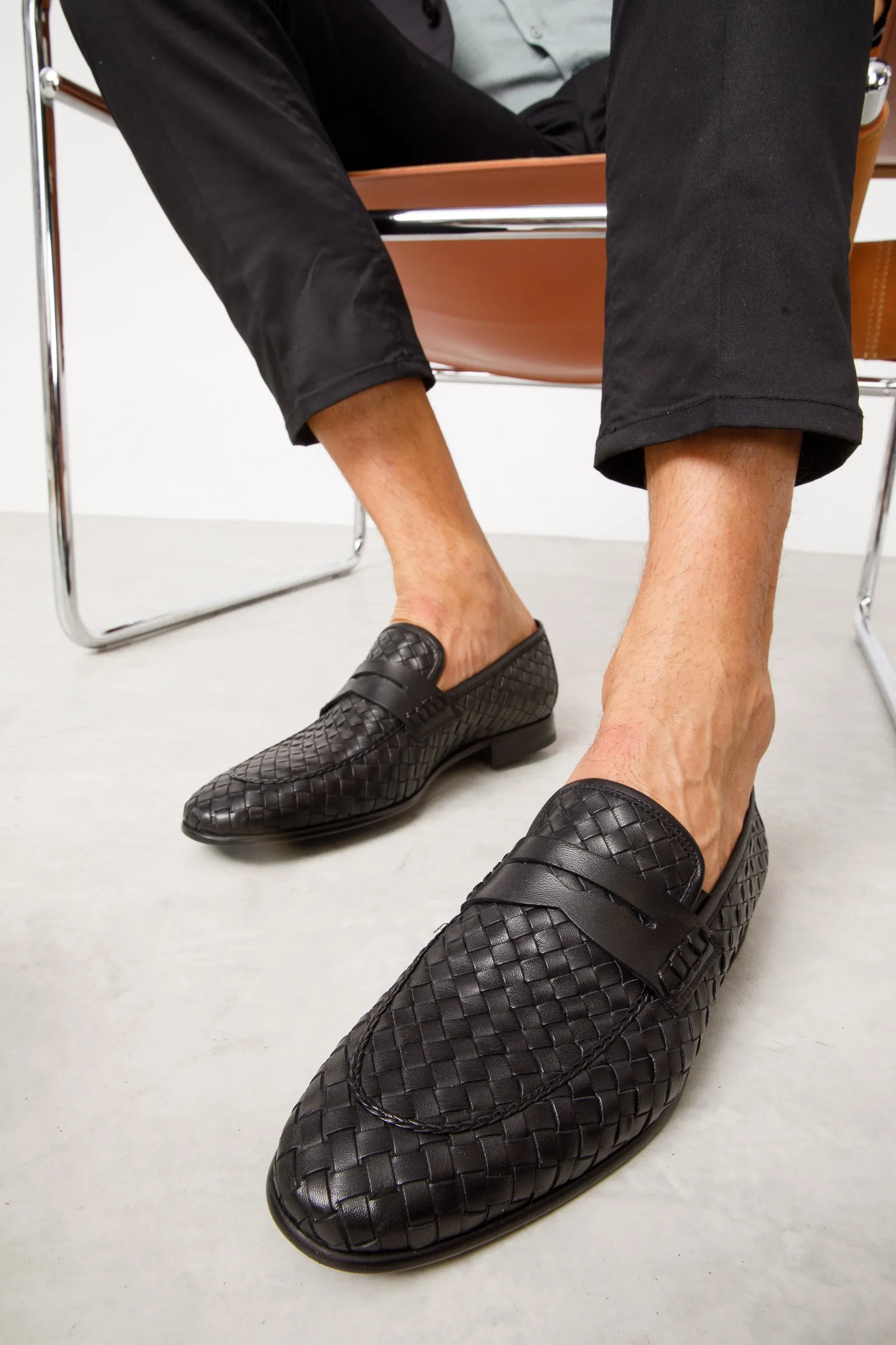 The Grand Woven Leather Black  Men Shoe Penny Loafer