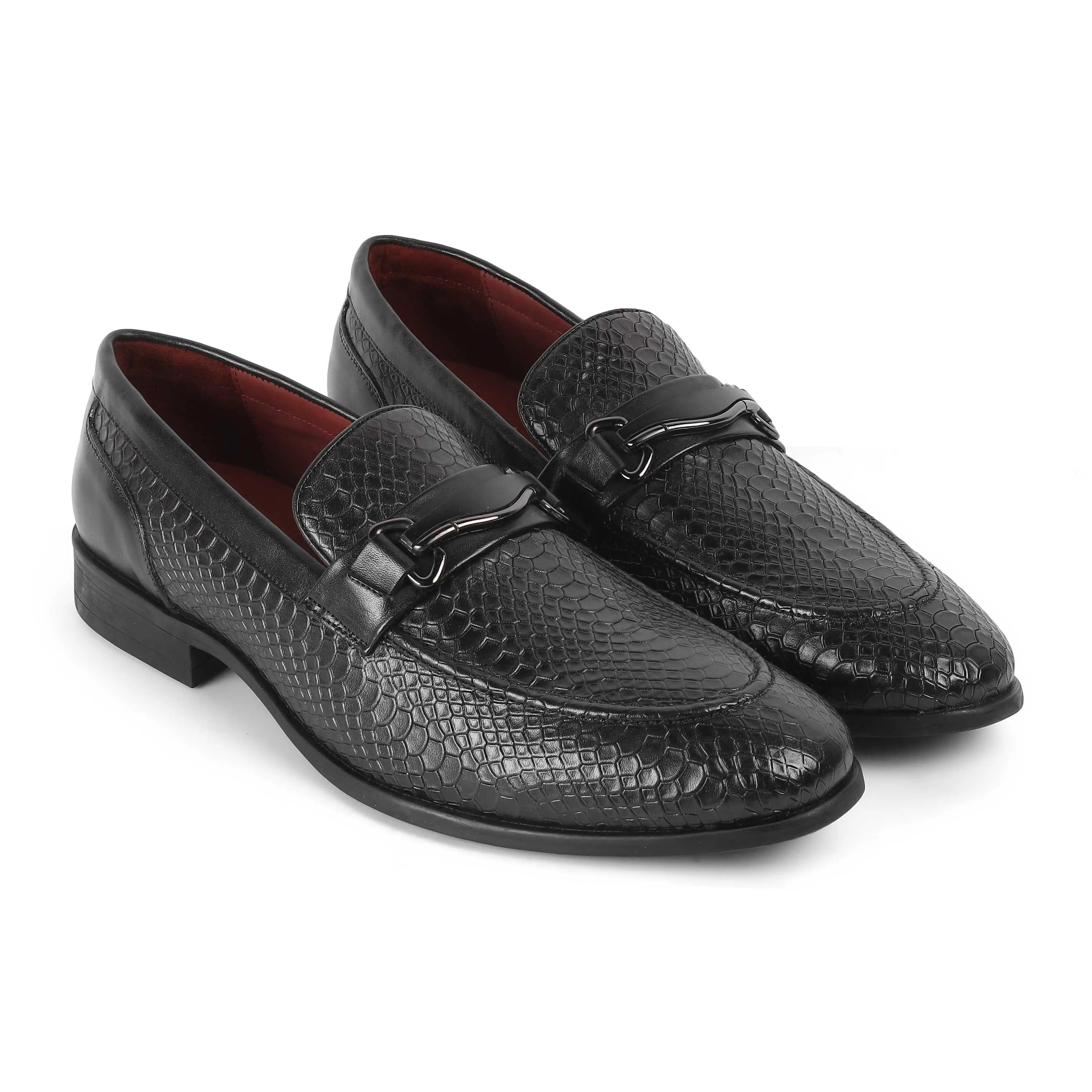 Tresmode Royal Black Men's Textured Leather Loafers