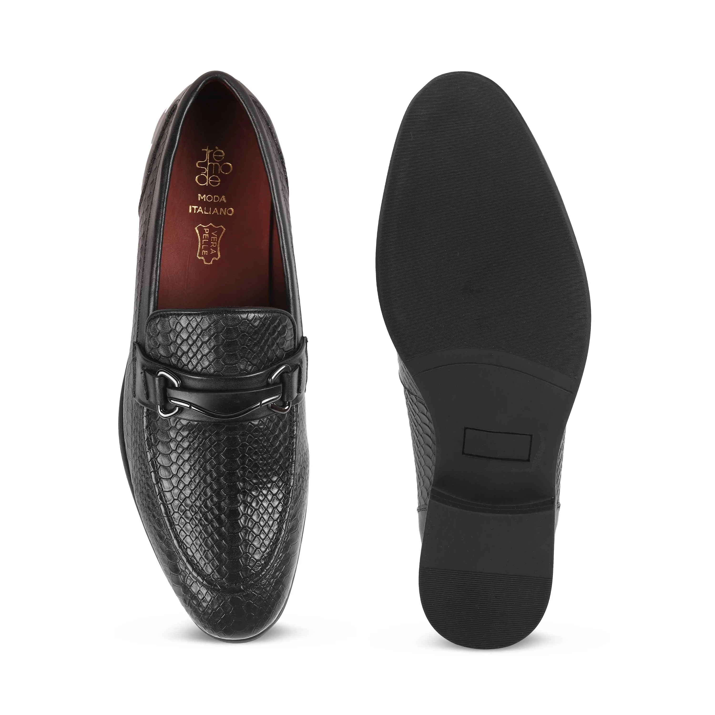 Tresmode Royal Black Men's Textured Leather Loafers