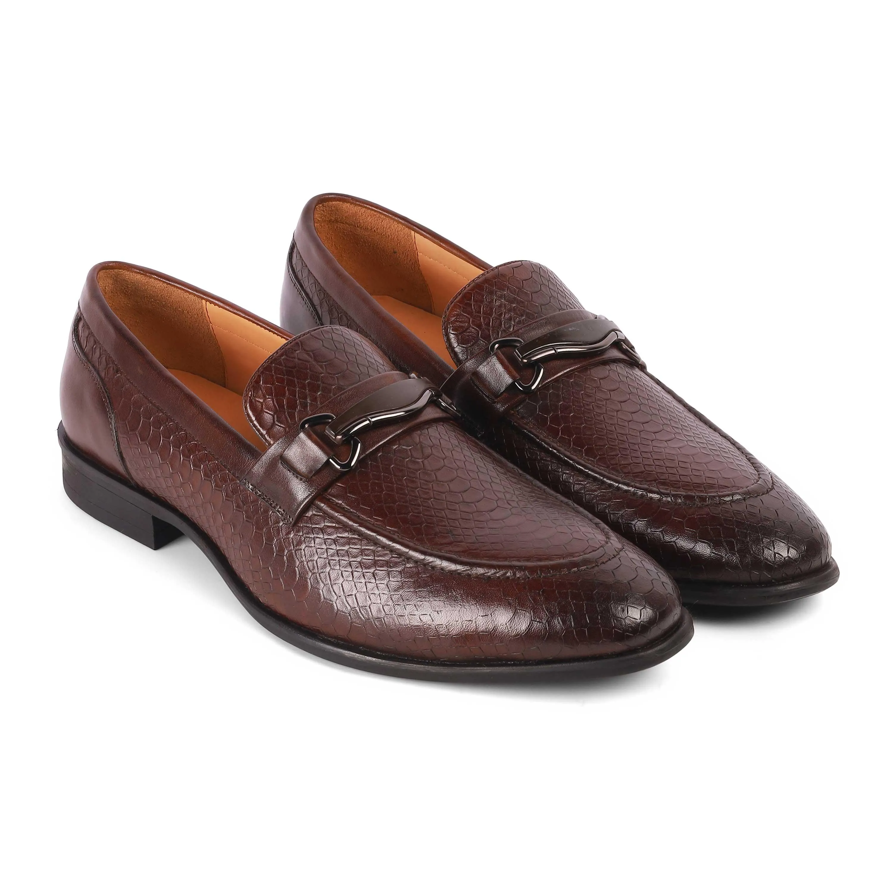 Tresmode Royal Brown Men's Textured Leather Loafers