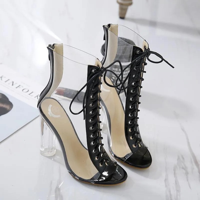 Women peep toe round chunky heel lace up prom clear heels