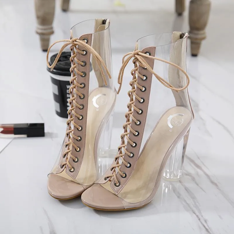 Women peep toe round chunky heel lace up prom clear heels