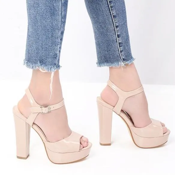 Women platform peep toe ankle strap chunky heels