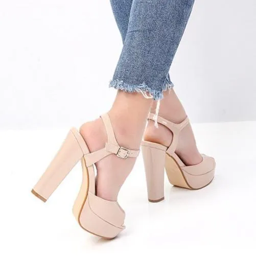 Women platform peep toe ankle strap chunky heels