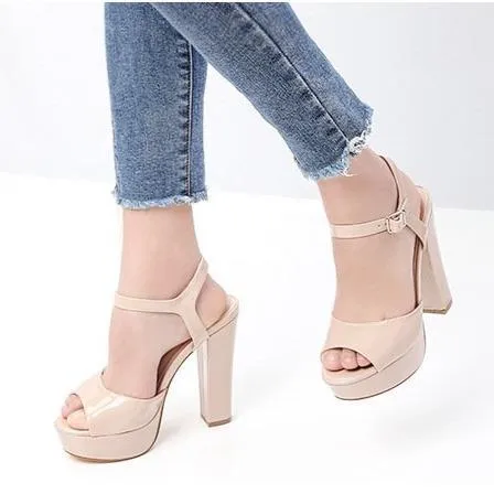 Women platform peep toe ankle strap chunky heels