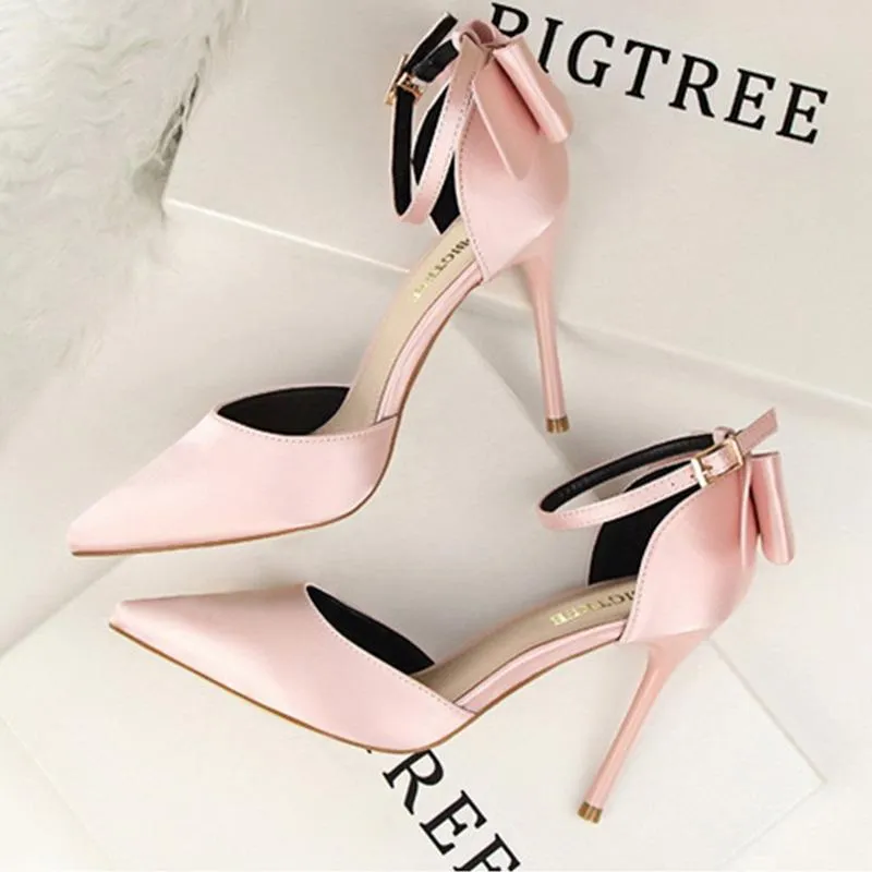 Women pointed toe bowknot ankle buckle strap stiletto heels