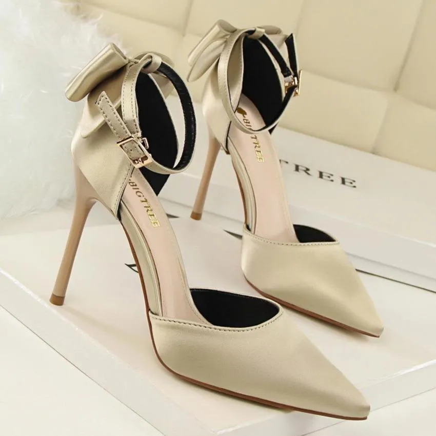 Women pointed toe bowknot ankle buckle strap stiletto heels