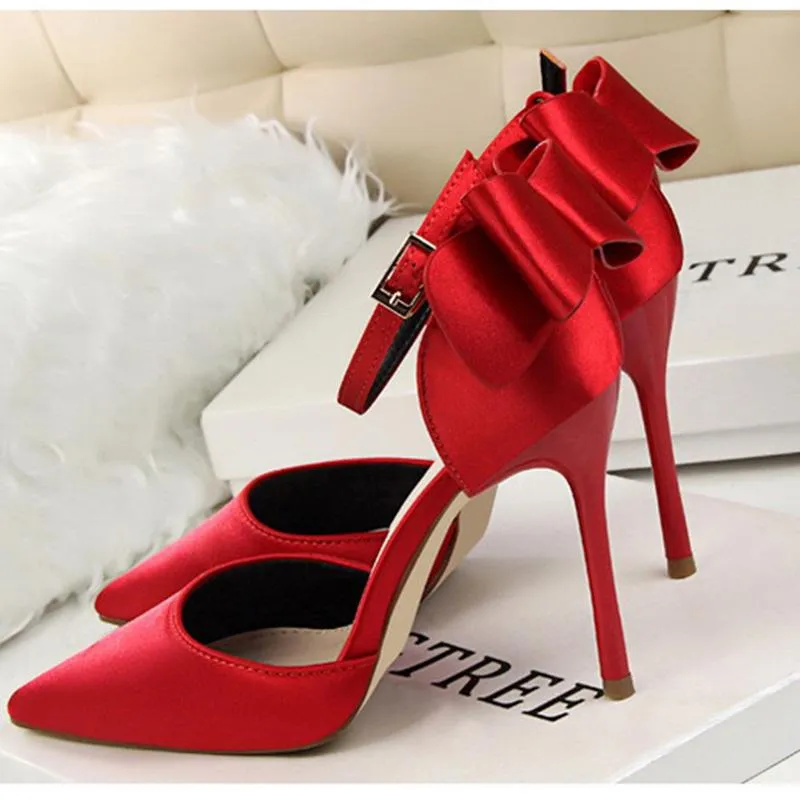 Women pointed toe bowknot ankle buckle strap stiletto heels