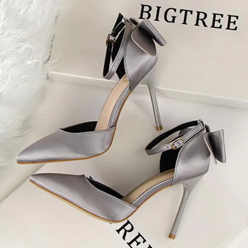 Women pointed toe bowknot ankle buckle strap stiletto heels