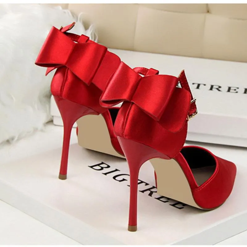 Women pointed toe bowknot ankle buckle strap stiletto heels