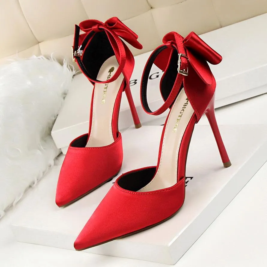 Women pointed toe bowknot ankle buckle strap stiletto heels