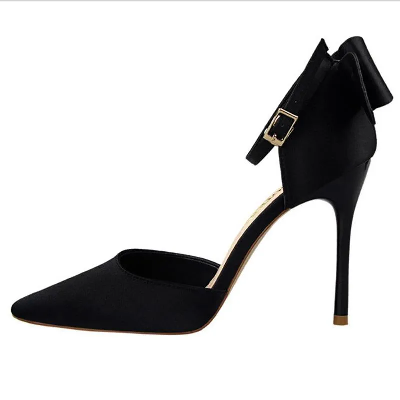 Women pointed toe bowknot ankle buckle strap stiletto heels