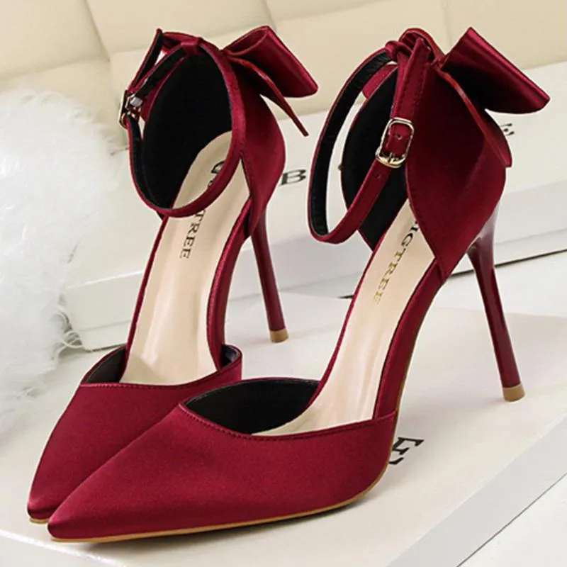 Women pointed toe bowknot ankle buckle strap stiletto heels