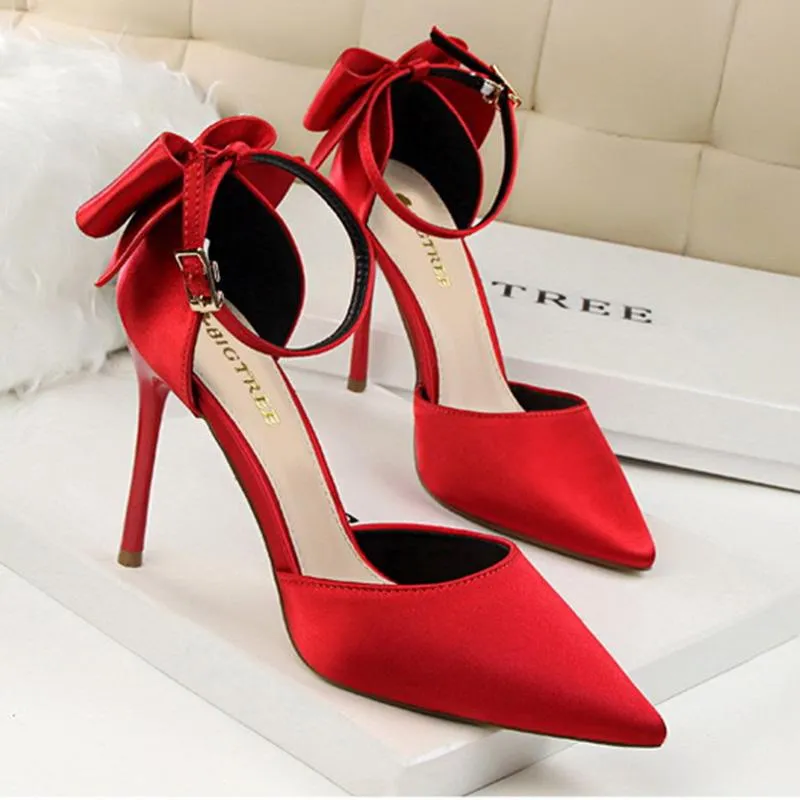 Women pointed toe bowknot ankle buckle strap stiletto heels