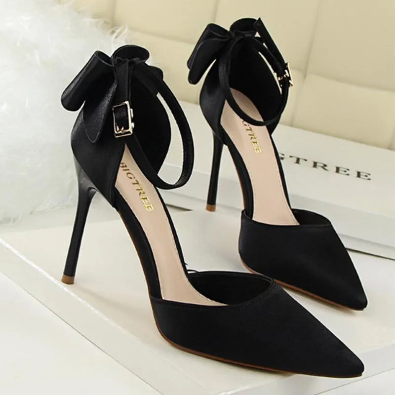 Women pointed toe bowknot ankle buckle strap stiletto heels