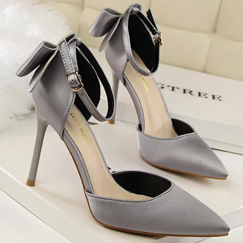 Women pointed toe bowknot ankle buckle strap stiletto heels