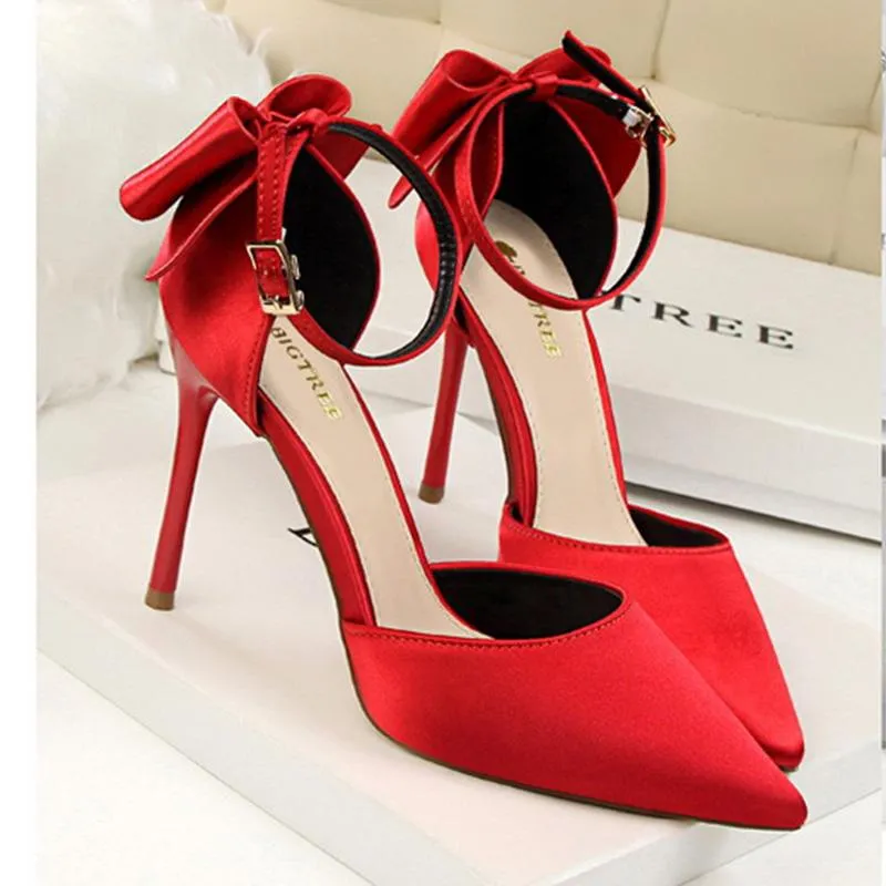 Women pointed toe bowknot ankle buckle strap stiletto heels