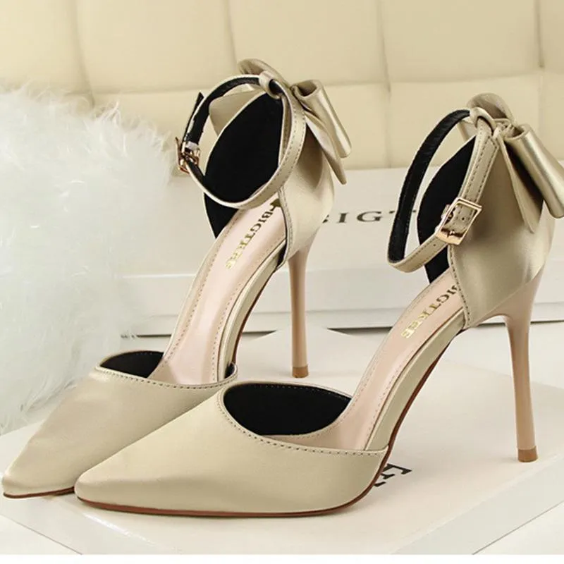 Women pointed toe bowknot ankle buckle strap stiletto heels