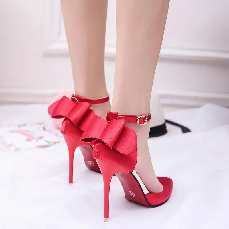 Women pointed toe bowknot ankle buckle strap stiletto heels