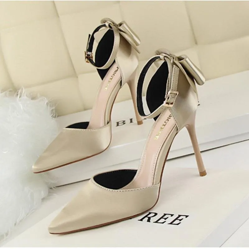 Women pointed toe bowknot ankle buckle strap stiletto heels