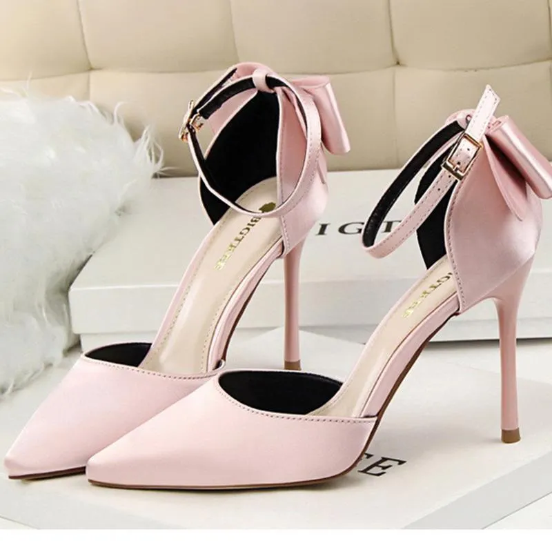 Women pointed toe bowknot ankle buckle strap stiletto heels